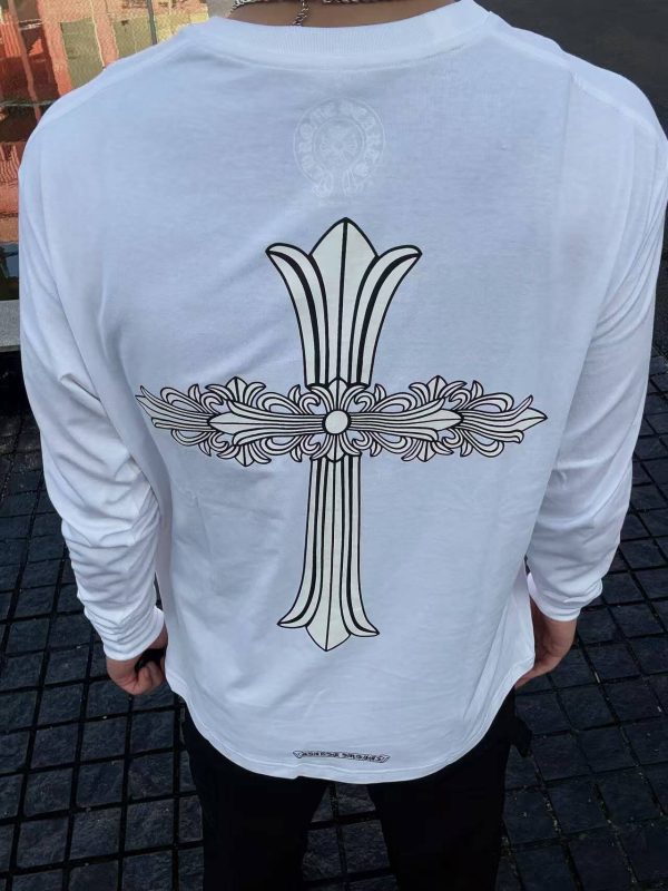 Chrome Hearts Phantom Cross Sanskrit Arm Long Sleeve Shirt- White (4) Chrome Hearts Phantom Cross Sanskrit Arm Long Sleeve Shirt- White