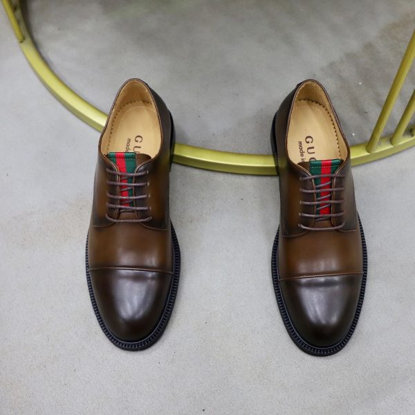 Gucci Web Detail Derby Shoes – Burnished Brown Patina Leather