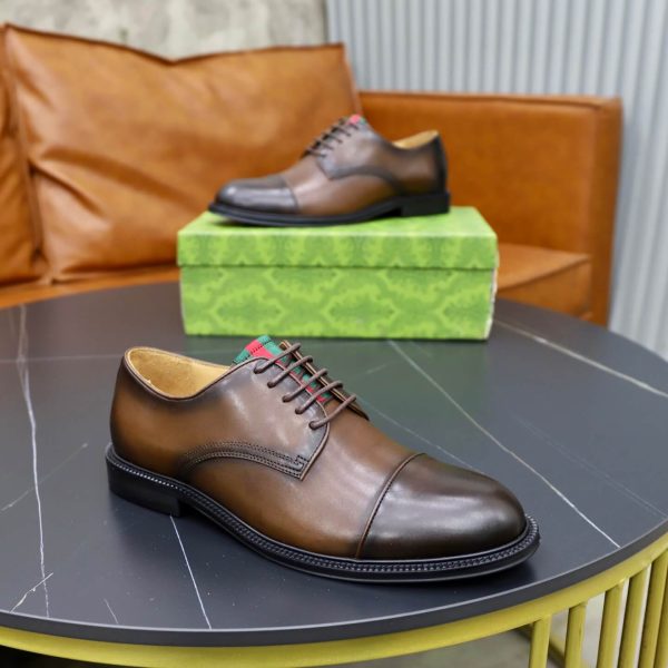 Gucci Web Detail Derby Shoes – Burnished Brown Patina Leather