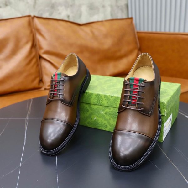 Gucci Web Detail Derby Shoes – Burnished Brown Patina Leather