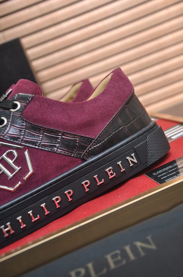 Philipp Plein Croc-Embossed Hexagon Low-Top Sneaker – Burgundy & Black