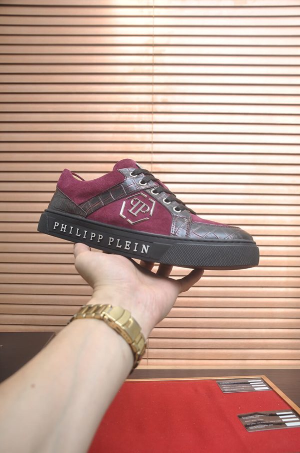 Philipp Plein Croc-Embossed Hexagon Low-Top Sneaker – Burgundy & Black