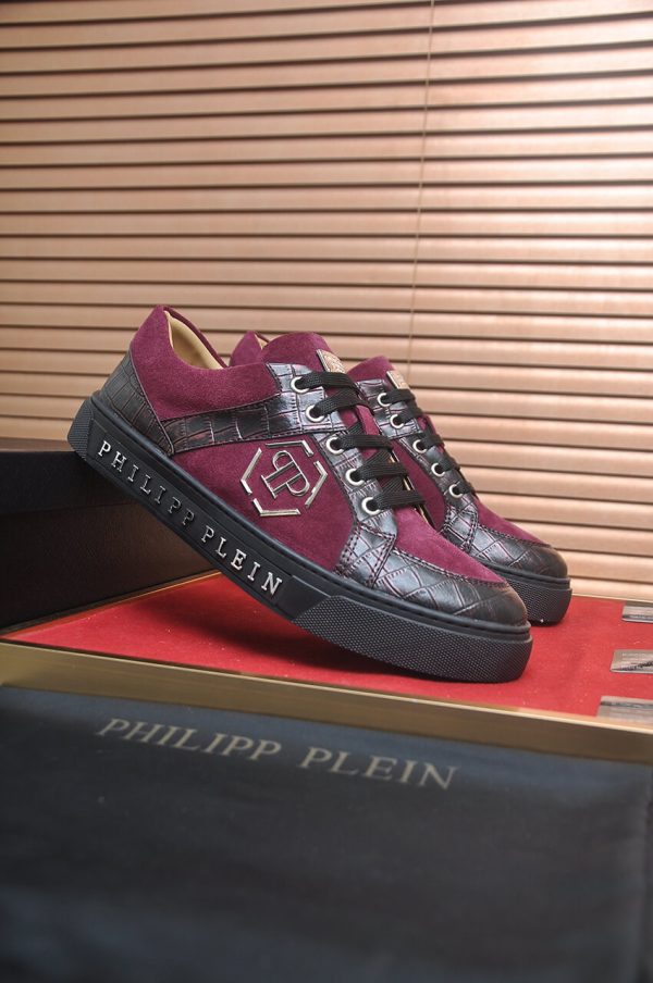 Philipp Plein Croc-Embossed Hexagon Low-Top Sneaker – Burgundy & Black