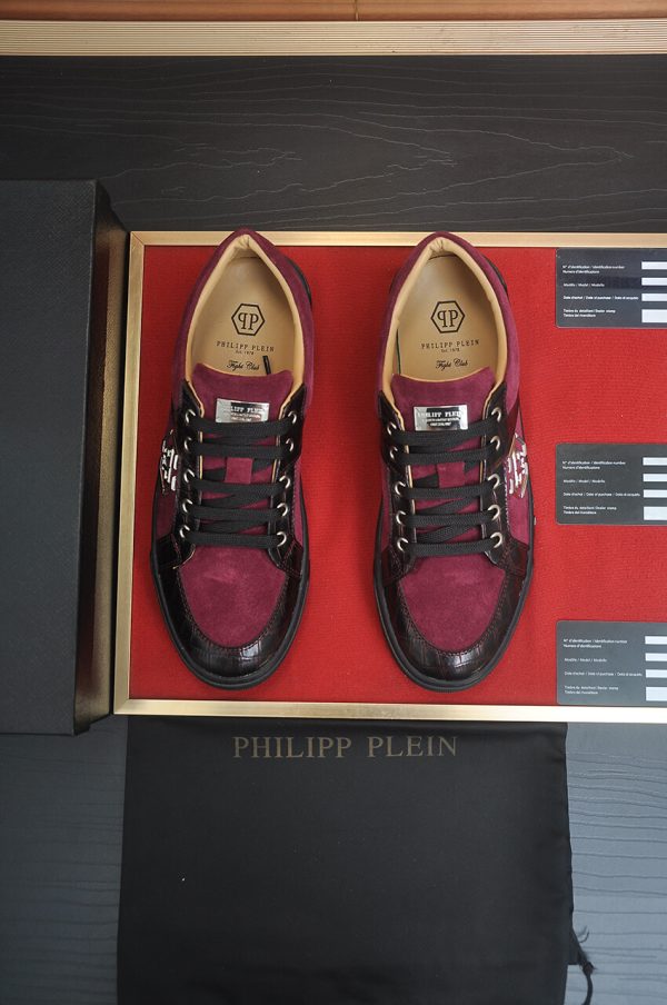 Philipp Plein Croc-Embossed Hexagon Low-Top Sneaker – Burgundy & Black