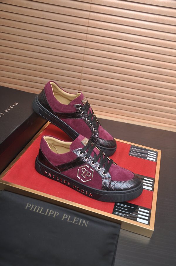 Philipp Plein Croc-Embossed Hexagon Low-Top Sneaker – Burgundy & Black