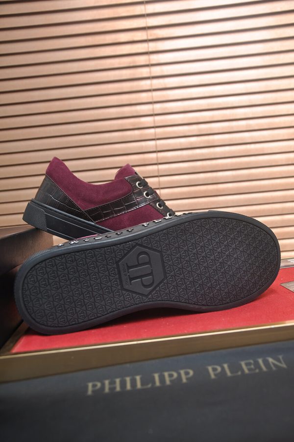 Philipp Plein Croc-Embossed Hexagon Low-Top Sneaker – Burgundy & Black