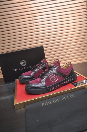 Philipp Plein Croc-Embossed Hexagon Low-Top Sneaker – Burgundy & Black (8) Philipp Plein Croc-Embossed Hexagon Low-Top Sneaker – Burgundy & Black