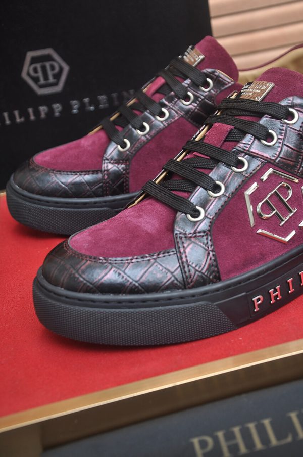 Philipp Plein Croc-Embossed Hexagon Low-Top Sneaker – Burgundy & Black