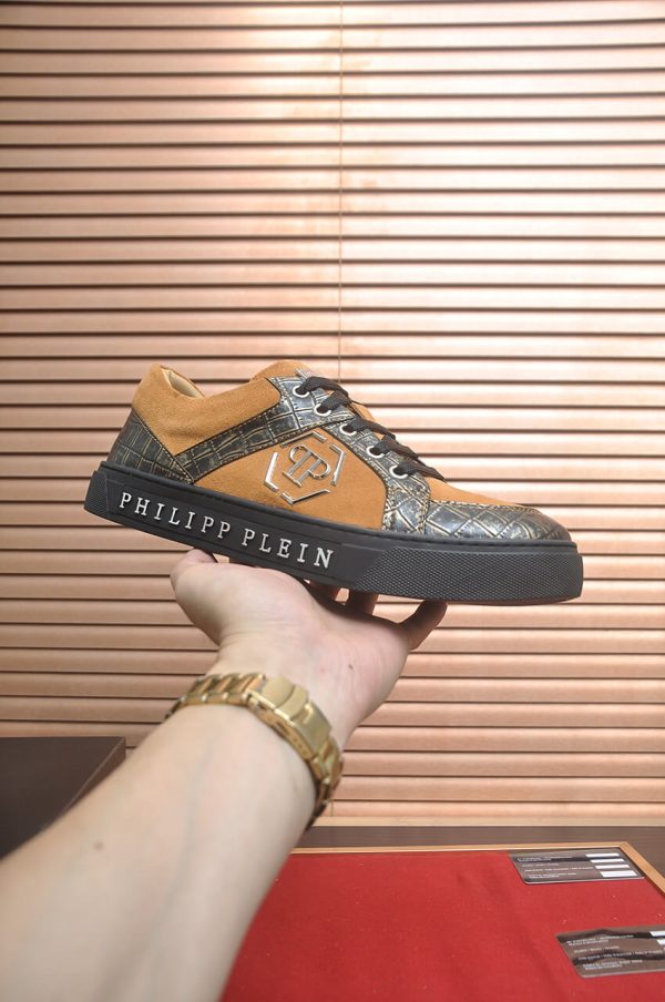 Philipp Plein Croc-Embossed Hexagon Low-Top Sneaker – Camel & Black