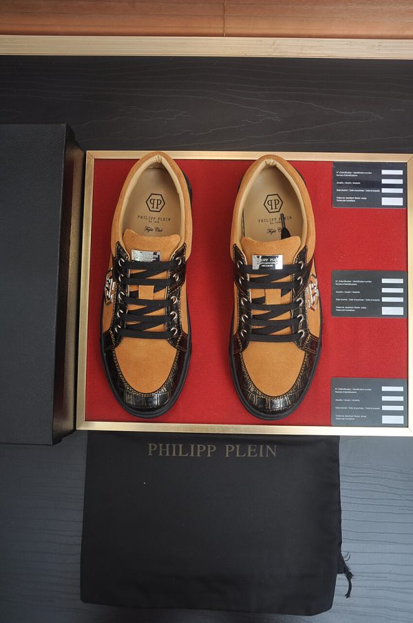 Philipp Plein Croc-Embossed Hexagon Low-Top Sneaker – Camel & Black