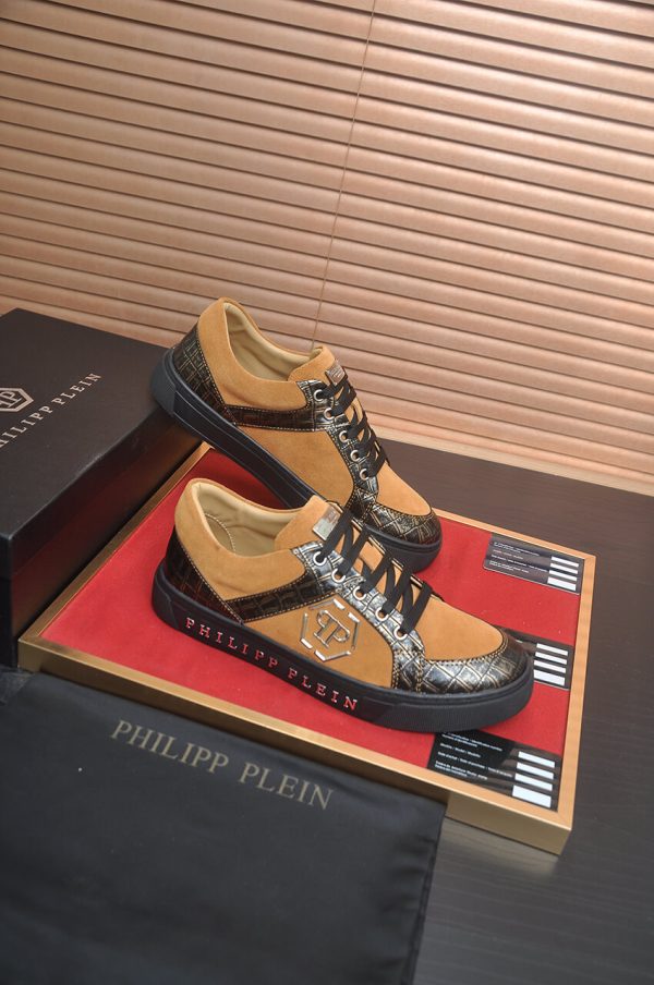 Philipp Plein Croc-Embossed Hexagon Low-Top Sneaker – Camel & Black