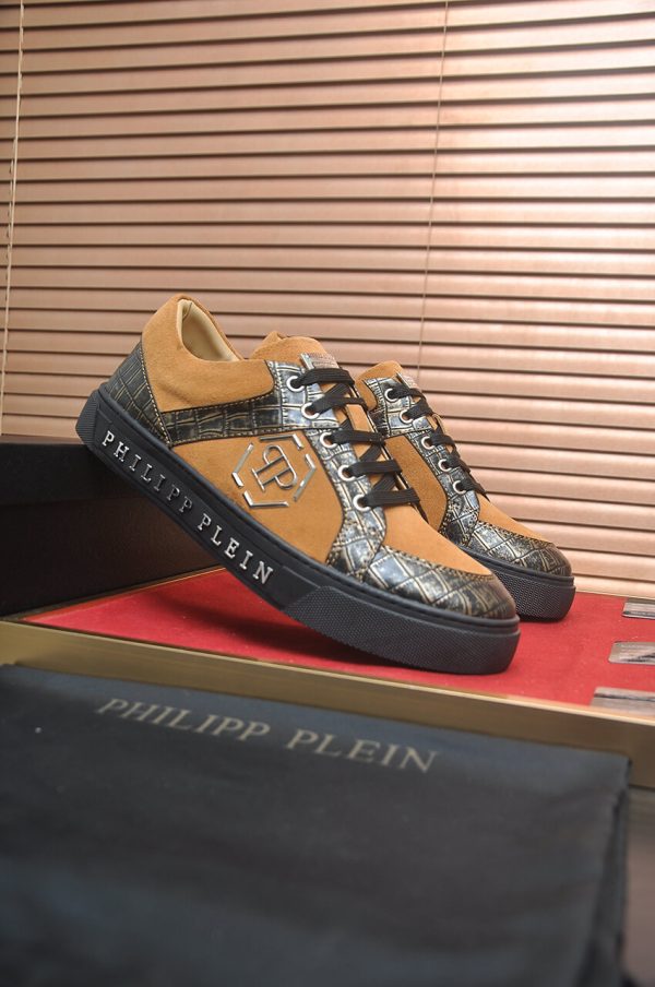 Philipp Plein Croc-Embossed Hexagon Low-Top Sneaker – Camel & Black