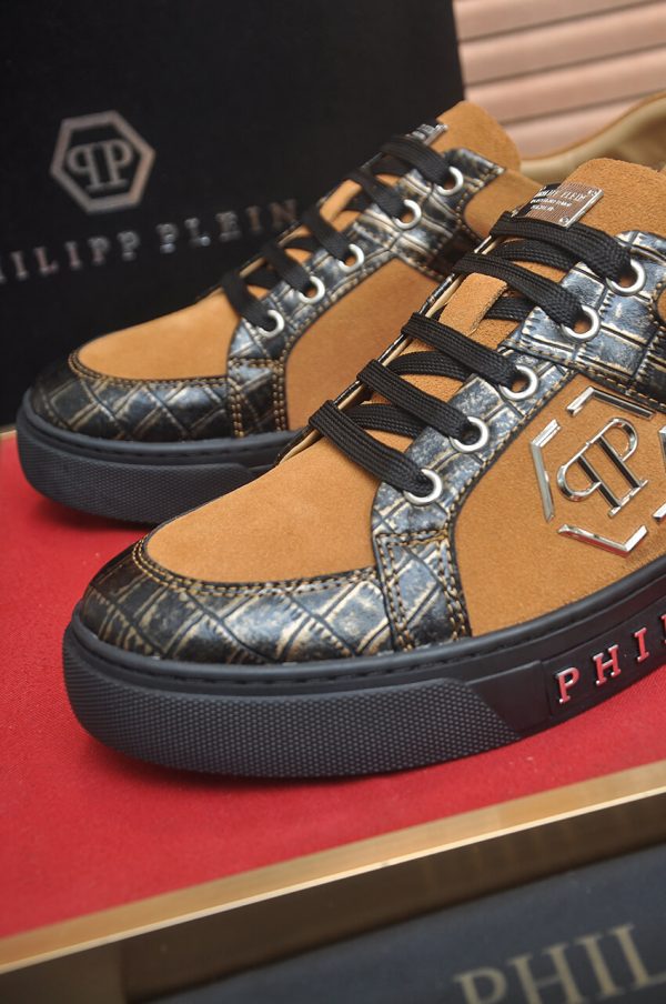 Philipp Plein Croc-Embossed Hexagon Low-Top Sneaker – Camel & Black
