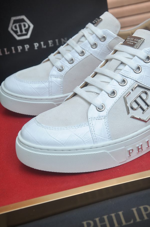 Philipp Plein Croc-Embossed Hexagon Low-Top Sneaker – White