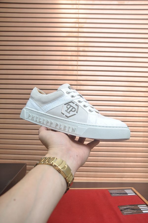 Philipp Plein Croc-Embossed Hexagon Low-Top Sneaker – White