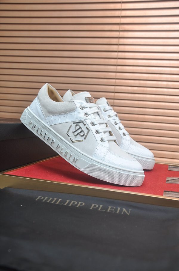 Philipp Plein Croc-Embossed Hexagon Low-Top Sneaker – White