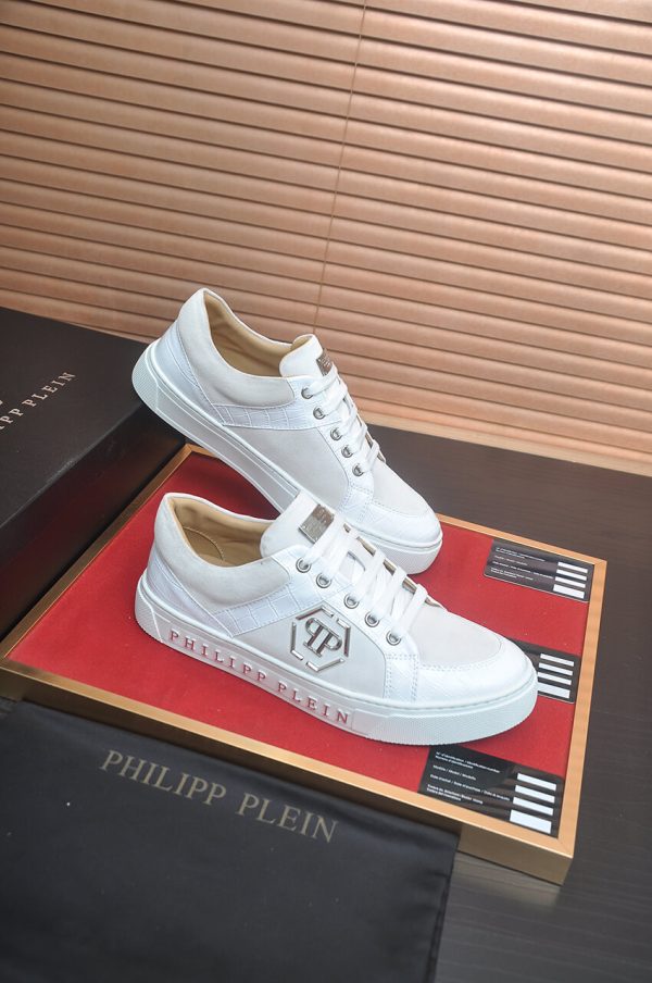 Philipp Plein Croc-Embossed Hexagon Low-Top Sneaker – White