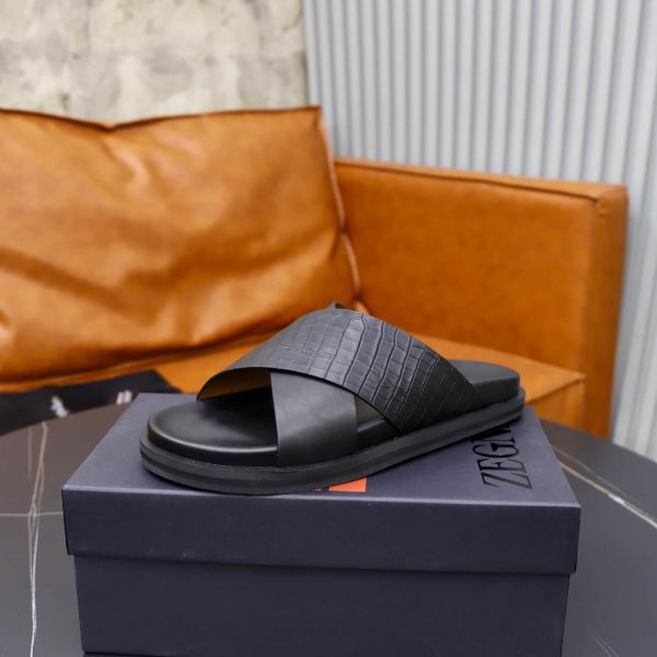 Zegna Criss-Cross Leather Sandals – Black Crocodile-Embossed (4) Zegna Criss-Cross Leather Sandals – Black Crocodile-Embossed