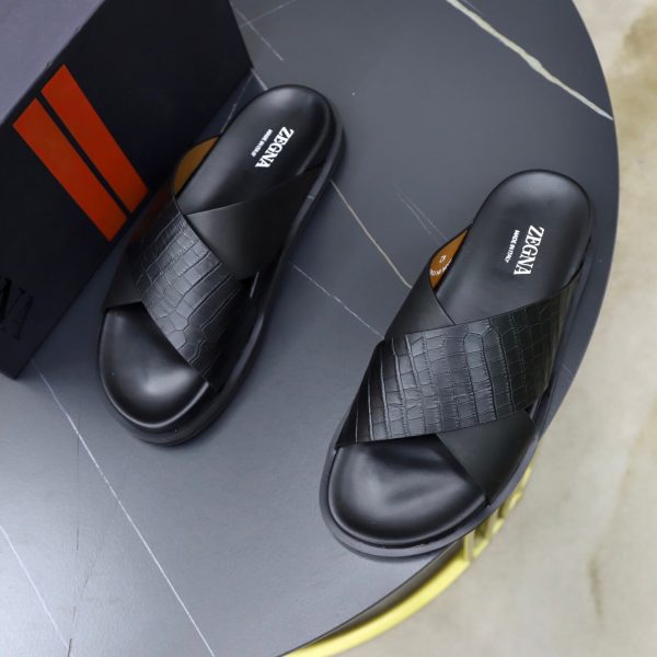 Zegna Criss-Cross Leather Sandals – Black Crocodile-Embossed (5) Zegna Criss-Cross Leather Sandals – Black Crocodile-Embossed