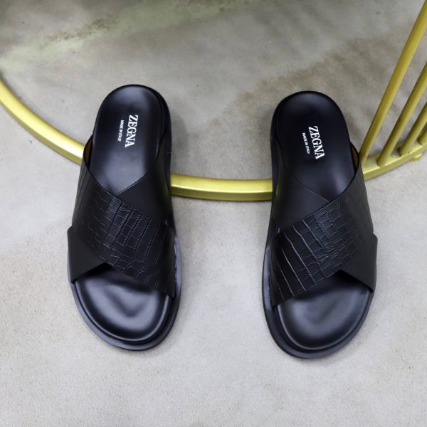 Zegna Criss-Cross Leather Sandals – Black Crocodile-Embossed (6) Zegna Criss-Cross Leather Sandals – Black Crocodile-Embossed
