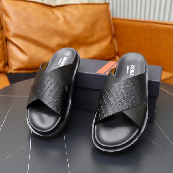 Zegna Criss-Cross Leather Sandals – Black Crocodile-Embossed (7) Zegna Criss-Cross Leather Sandals – Black Crocodile-Embossed