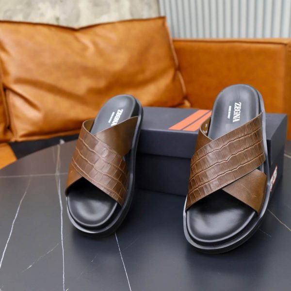 Zegna Criss-Cross Leather Sandals – Brown Crocodile-Embossed