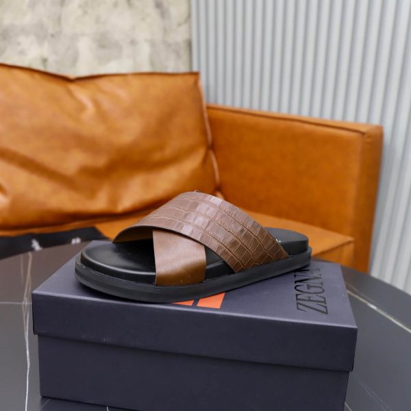 Zegna Criss-Cross Leather Sandals – Brown Crocodile-Embossed