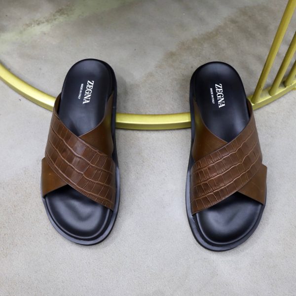 Zegna Criss-Cross Leather Sandals – Brown Crocodile-Embossed