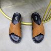 Zegna Criss-Cross Leather Sandals – Tan Crocodile-Embossed