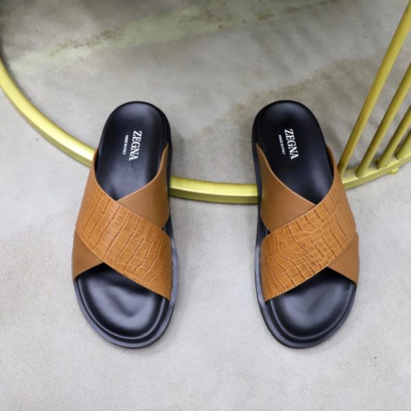 Zegna Criss-Cross Leather Sandals – Tan Crocodile-Embossed