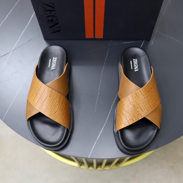 Zegna Criss-Cross Leather Sandals – Tan Crocodile-Embossed