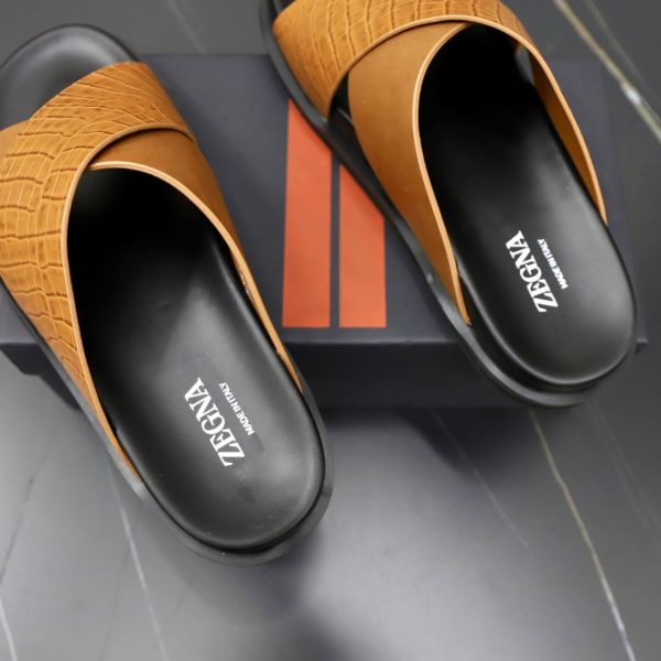 Zegna Criss-Cross Leather Sandals – Tan Crocodile-Embossed