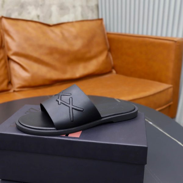Zegna Signature Stitch Leather Slides – Black