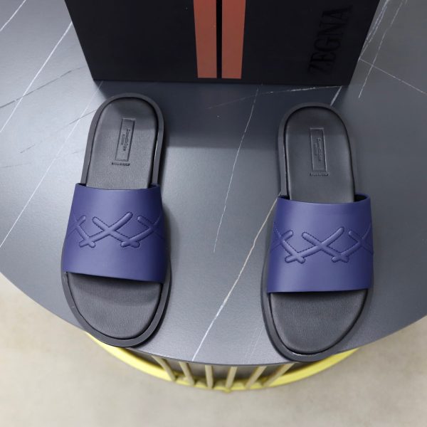 Zegna Signature Stitch Leather Slides – Navy Blue (8) Zegna Signature Stitch Leather Slides – Navy Blue