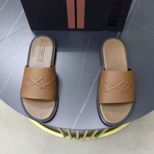 Zegna Signature Stitch Leather Slides – Tan