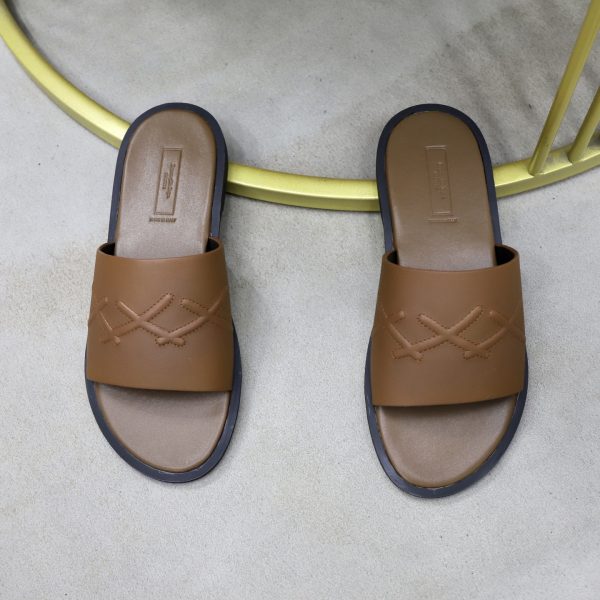 Zegna Signature Stitch Leather Slides – Tan
