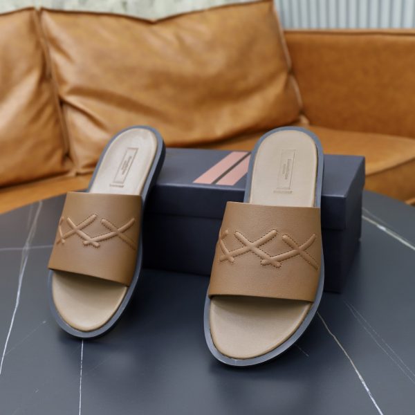 Zegna Signature Stitch Leather Slides – Tan