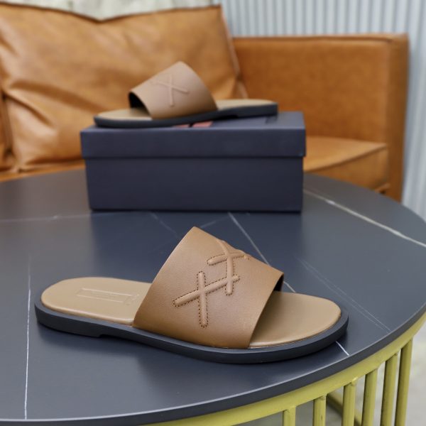 Zegna Signature Stitch Leather Slides – Tan