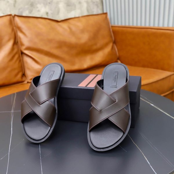 Zegna Smooth Leather Criss-Cross Sandals – Dark Brown