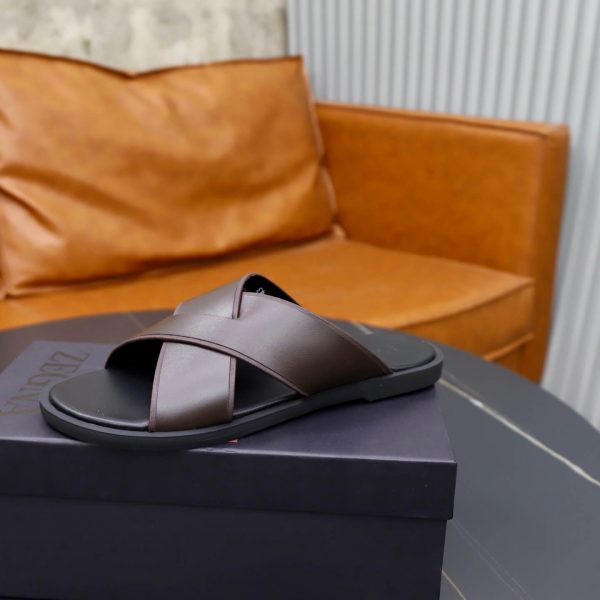 Zegna Smooth Leather Criss-Cross Sandals – Dark Brown