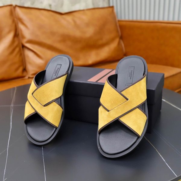 Zegna Suede Criss-Cross Sandals – Mustard Yellow & Dark Brown