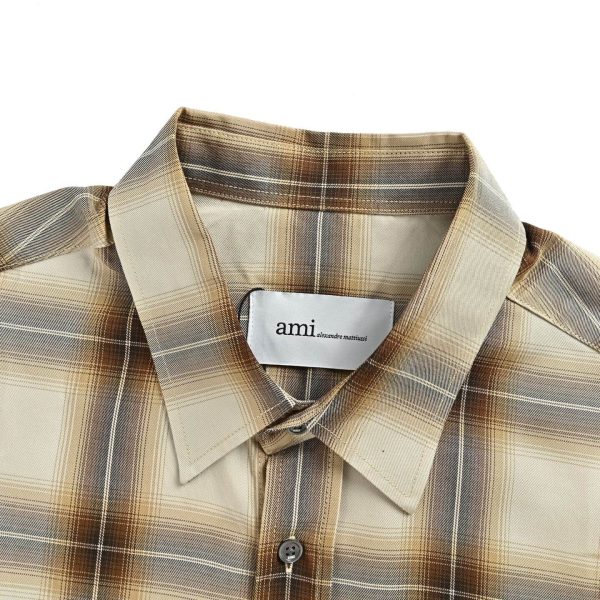 AMI Paris Boxy Beige Checkered Shirt Ami De Coeur In Canvas- Caramel (3) AMI Paris Boxy Beige Checkered Shirt Ami De Coeur In Canvas- Caramel