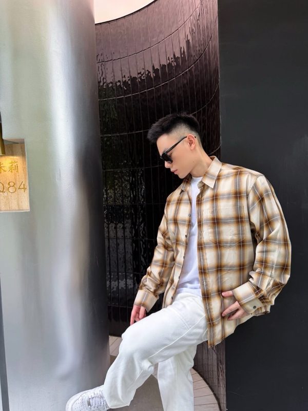 AMI Paris Boxy Beige Checkered Shirt Ami De Coeur In Canvas- Caramel (5) AMI Paris Boxy Beige Checkered Shirt Ami De Coeur In Canvas- Caramel