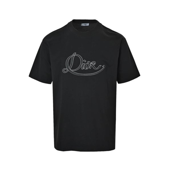 Dior Ribbon Script Logo Detailed Crewneck T-Shirt- Black
