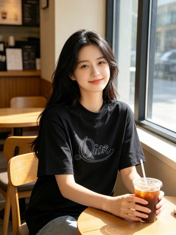 Dior Ribbon Script Logo Detailed Crewneck T-Shirt- Black