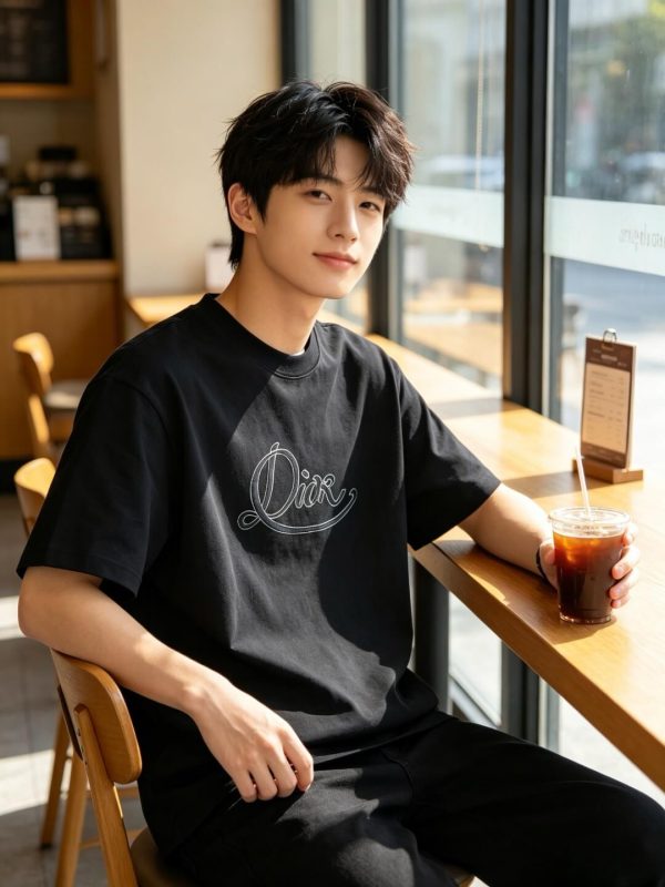 Dior Ribbon Script Logo Detailed Crewneck T-Shirt- Black