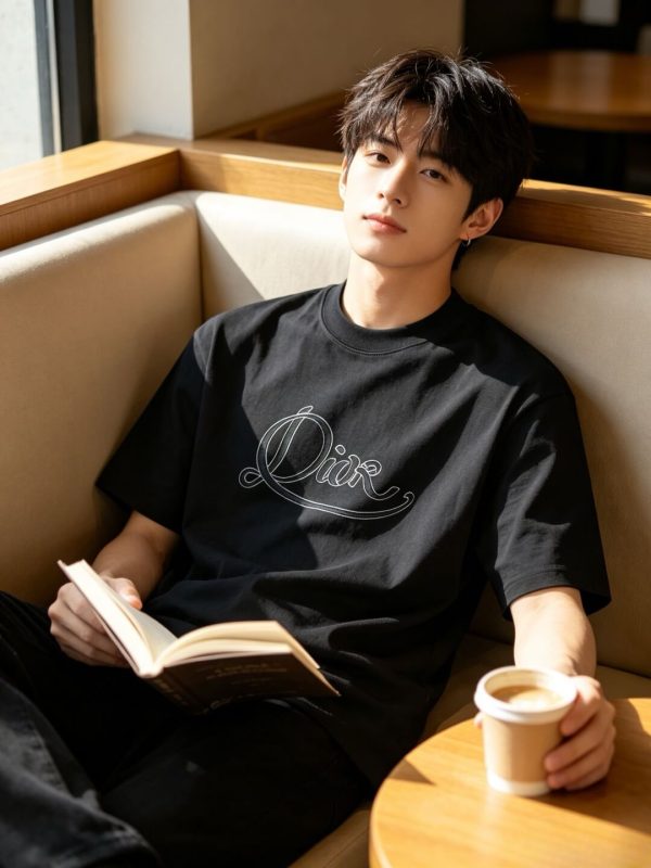 Dior Ribbon Script Logo Detailed Crewneck T-Shirt- Black