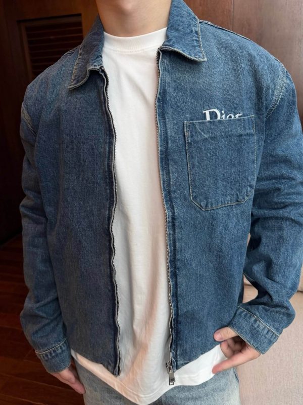 Dior embroidered pocket zip-up denim Jacket- Blue Cotton Twill