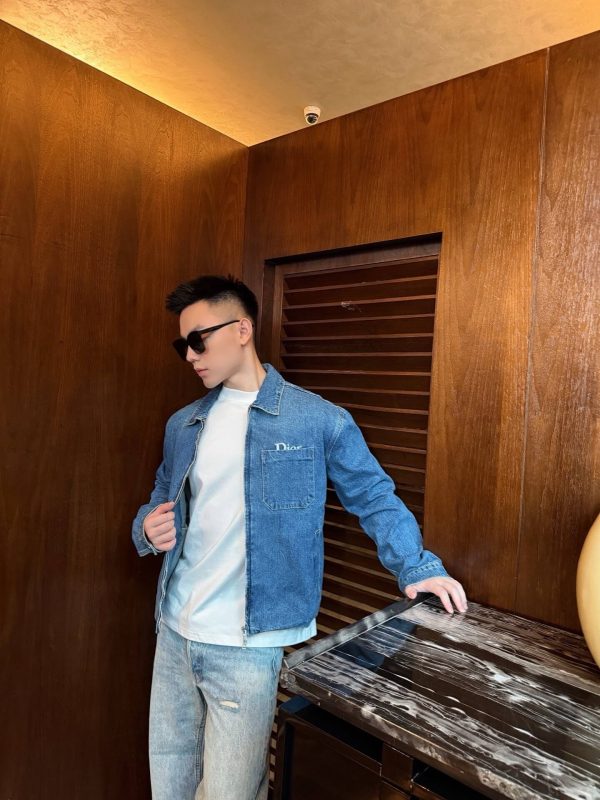 Dior embroidered pocket zip-up denim Jacket- Blue Cotton Twill