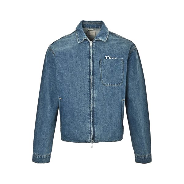 Dior embroidered pocket zip-up denim Jacket- Blue Cotton Twill